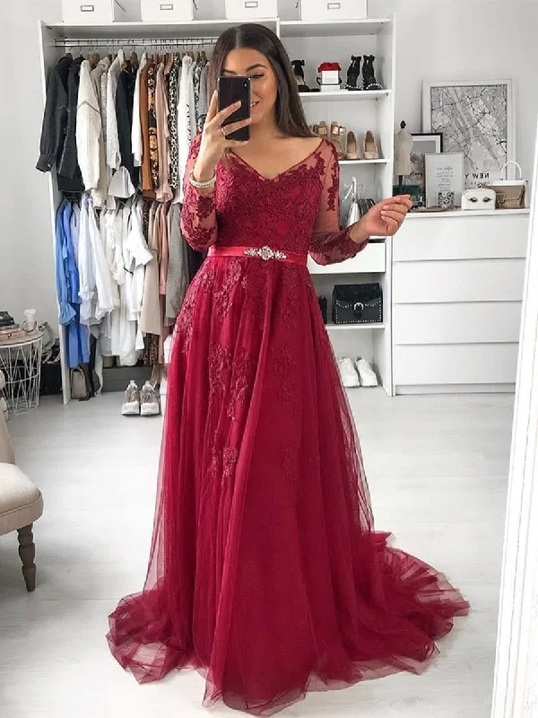 Fashion Forward Spring Fashion A Line Long Sleeves Lace Burgundy Long Prom Dresses, Long Sleeves Burgundy Lace Formal Dresses, Burgundy Lace Evening Dresses