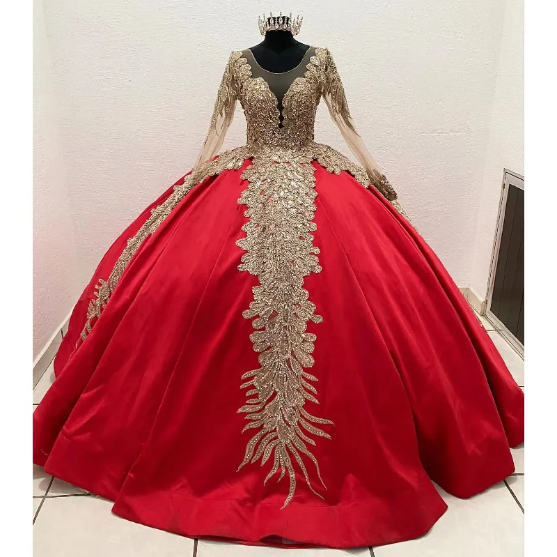 Cozy Chic Promotions Cool Prices Luxury Red Quinceanera Dresses Ball Gown For Sweet Girl Satin Beading Sequined Long Sleeve Prom Party Gwons vestidos de 15 años