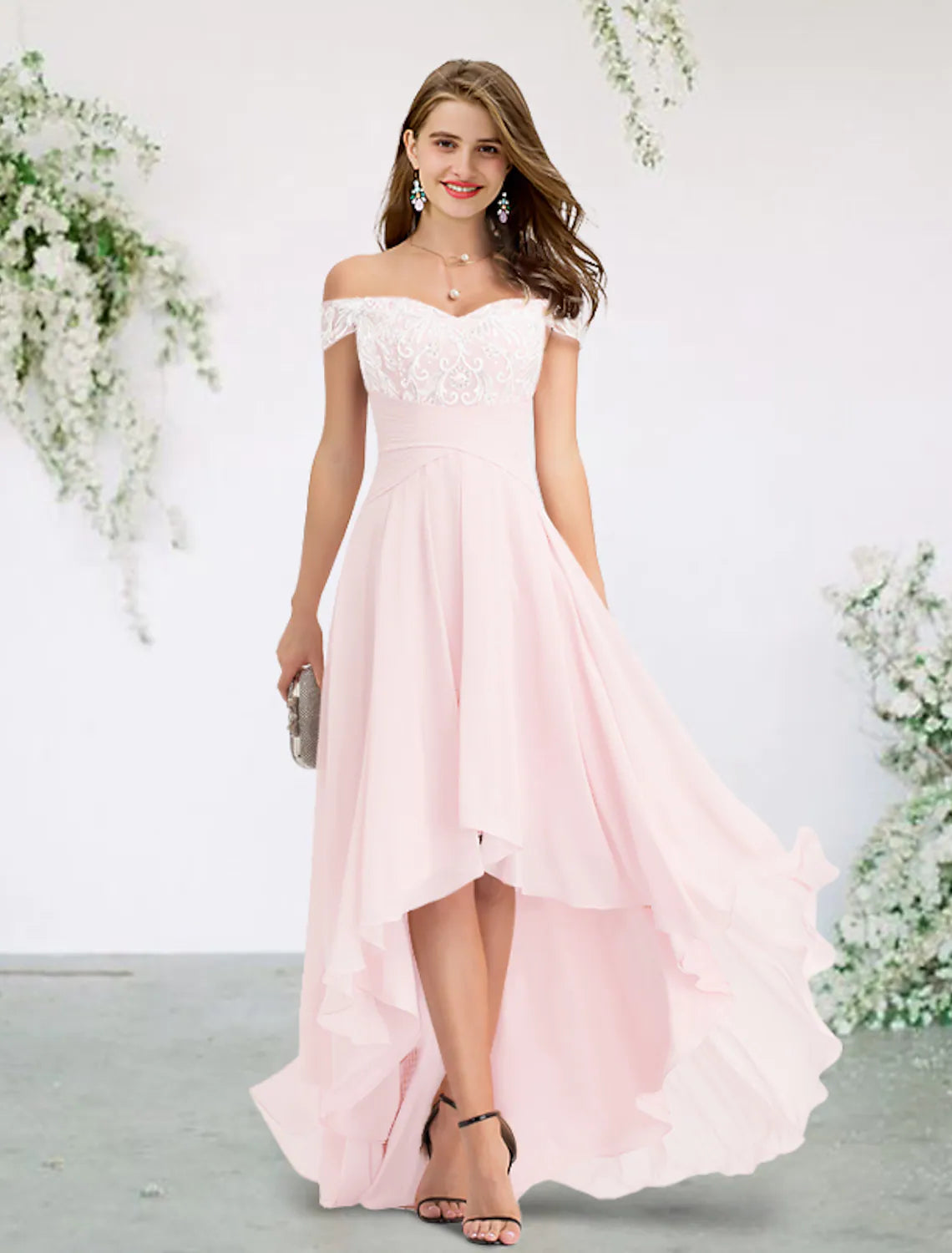 Cozy Comfort Style Sale Clearance Event A-Line Bridesmaid Dress Off Shoulder Short Sleeve Elegant Asymmetrical Chiffon Lace Appliques