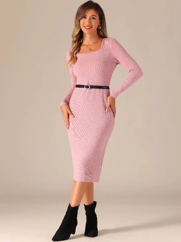 Fashion Sale Best-Sellers Square Neck Belted Bodycon Stretch Ribbed Long Sleeve Midi Sweater Dress