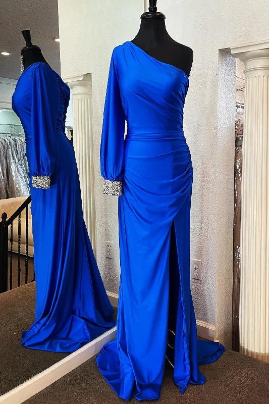 Avant-Garde Style Promotions Weekend Special Mermaid One Shoulder Long Sleeve Royal Blue Party Dress