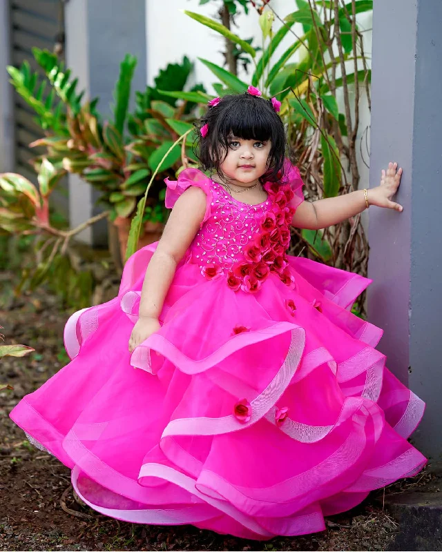 Fashion Sale Mid - Season Sale Pre-Order: Rani Pink Organza Flouncy Gown With Handcrafted Flower