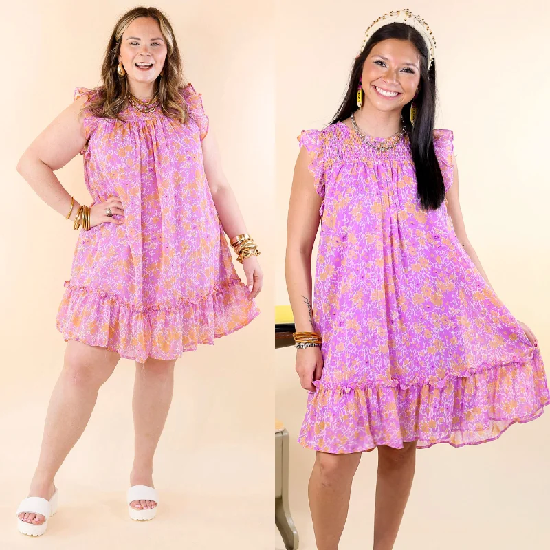 Dive Into Trendy Styles Limited-Time Offer New To The Scene Floral Dress with Ruffle Cap Sleeves in Purple and Orange