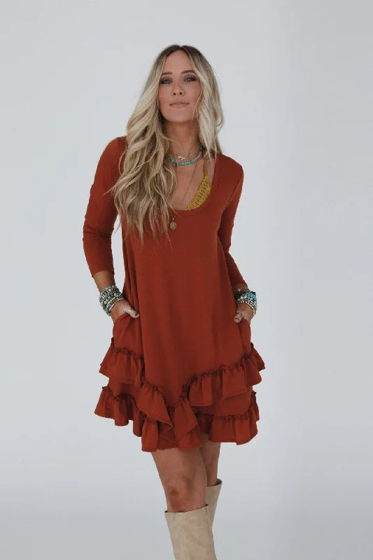 Chic Style, Always In Vogue Budget-Friendly Fashion The Nest Constance Ruffle Hem Long Sleeve Dress - Metal Rust