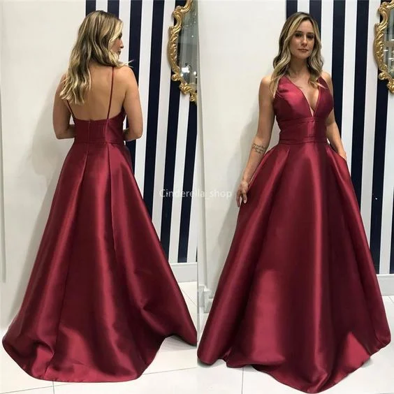 Weekend Exclusive Limited - Stock Modest Burgundy Evening Dresses 2020 Spaghetti V-Neck Backless A-Line Simple Formal Prom Gowns  cg9045