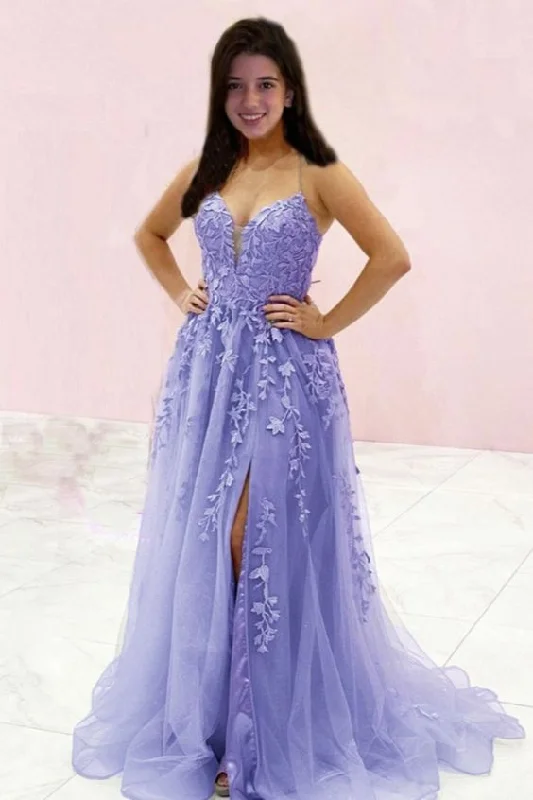 Flirty Fashion Discounts Lighten Up With Nordic Styles Elegant Lavender Prom Dresses 2021 Lace Appliques Tulle Split Formal Gown With Side Split  cg20544