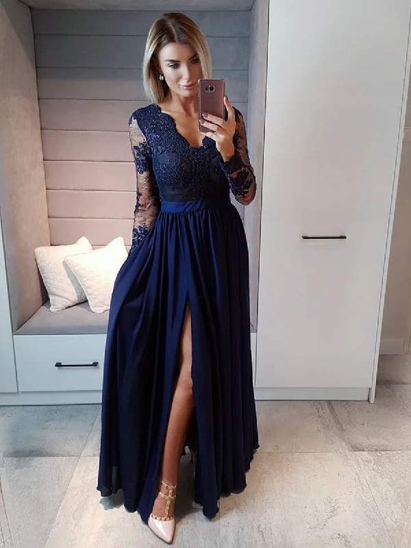 Feminine Luxe Style Sale Exclusive Discount Navy Blue Long Sleeves Beaded Lace Long Prom Dresses with High Slit, Long Sleeve Navy Blue Formal Dresses, Lace Evening Dresses