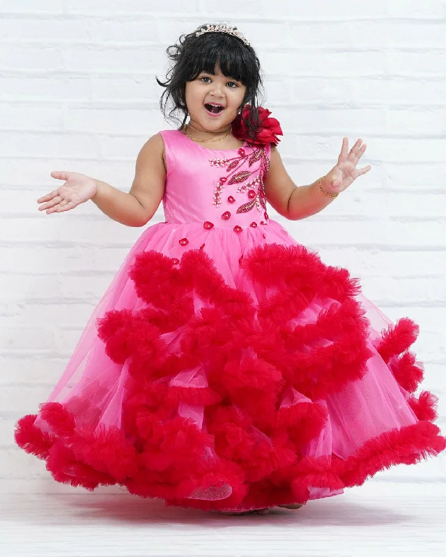 Limited Styles Flash Deals Pre-Order: Pink And Wine-Red Hand Crafted Cloudy Frilled Gown