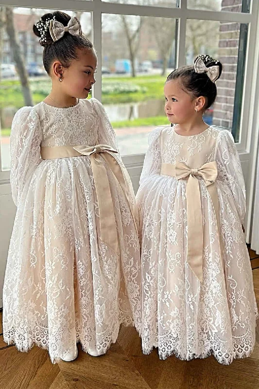 Casual Fashion Seasonal Fashion Ivory Lace Long Sleeve Pleated A-Line Flower Girl Dress