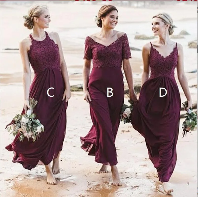 Exclusive Designer Style Deals Save On Inspired Styles Mismatched A-Line Long Burgundy Cheap Chiffon Modest Bridesmaid Dress with Lace for Wedding guest,WG353