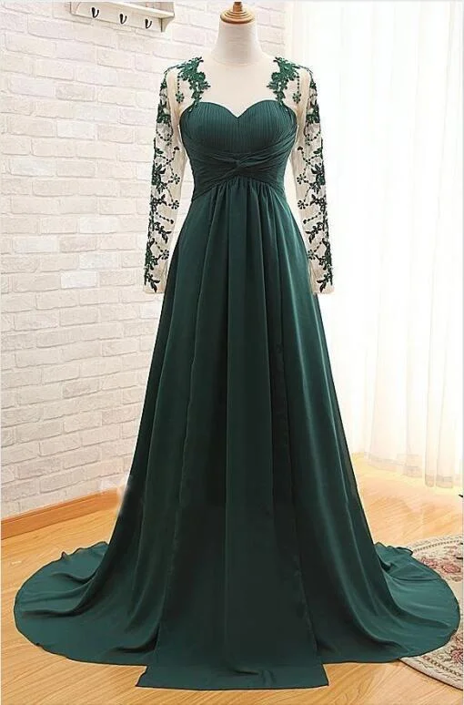 Seasonal Fashion Save On Inspired Styles Dark Green Long Sleeves Long Evening Dress with Appliques, Long Prom Dress with Sleeves M1769