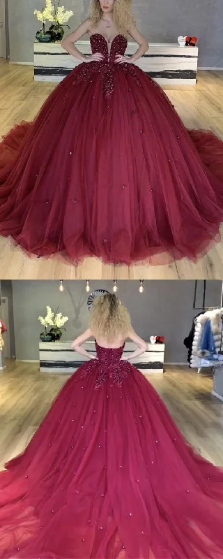 Shop The Hottest Deals Latest Trends Burgundy tulle ball gown quinceanera dress with lace flowers sweetheart Prom Dress      cg20393