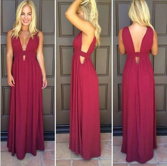 Limited Stock, Big Sale Big Savings On Rustic Countryside Styles Prom Dress A-line Dark Red Deep V-neck Backless Chiffon Long Prom Gowns  cg6535