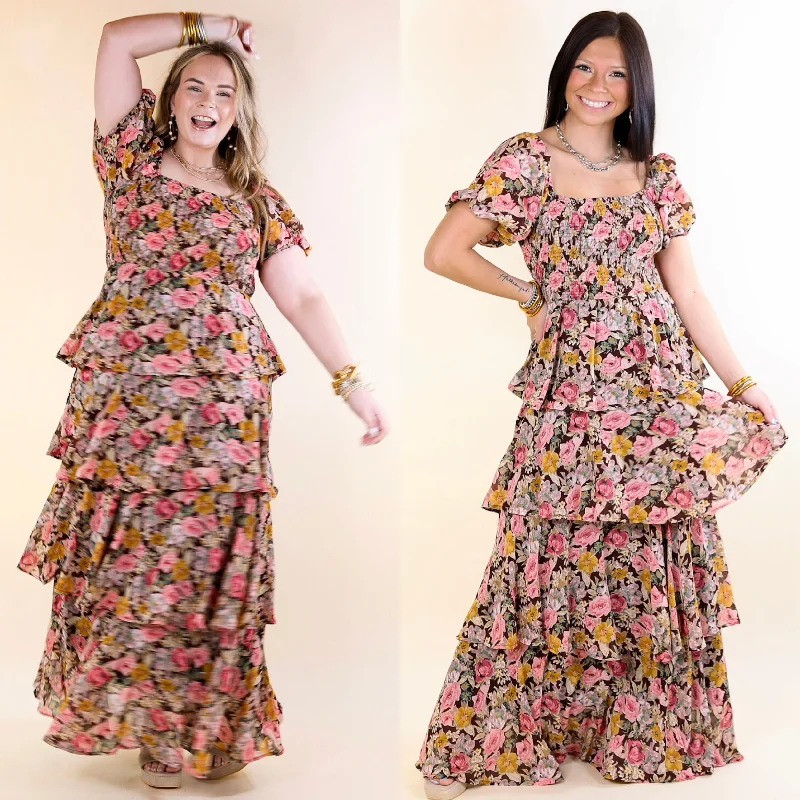 Trendy Threads Trendy Styles Fun Feeling Floral Tiered Maxi Dress with Smocked Balloon Sleeves in Brown Mix