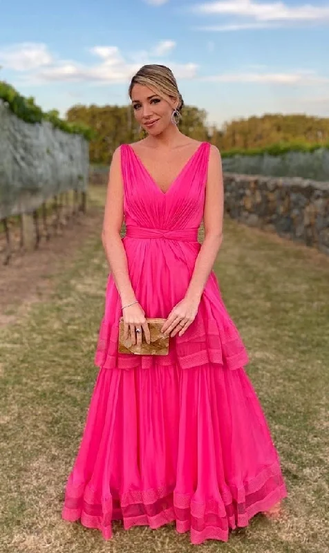 Stylish Deals Fashion Essentials Pink Prom Dress,A-Line Prom Gown,Chiffon Evening Dress,V-Neck Prom Gown   cg11119