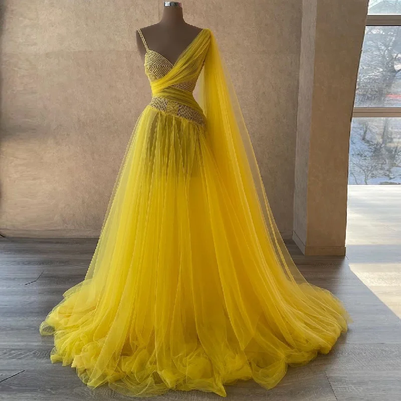 Limited Time Deal Last Chance Sale V-neck Prom Dress A-line Tulle Dress Layered Prom Dress Long Sleeve Evening Dresses Yellow Pageant Dress Plus Size Dresses,MD7114