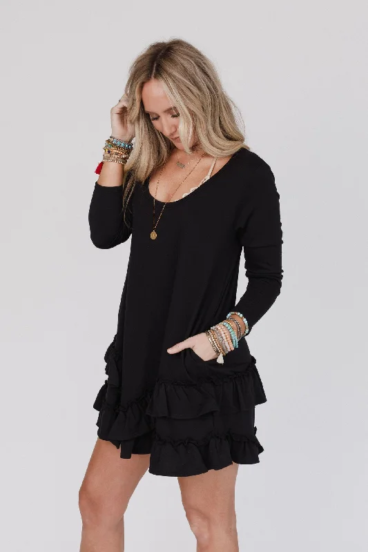 The Latest Trends Exclusive Discount The Nest Constance Ruffle Hem Long Sleeve Dress - Black