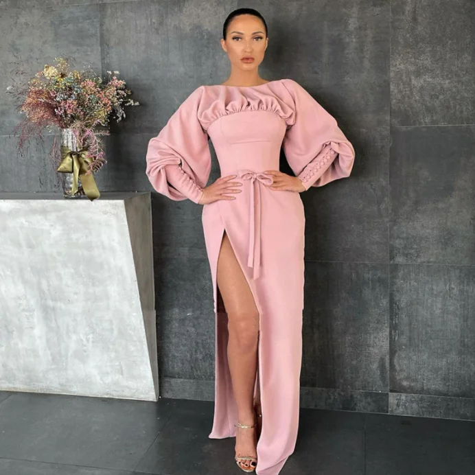 Premium Style Offers Stylish Looks Pink Boat Neck Prom Dresses Long Sleeves High Slit Satin Evening Dresses Buttoned Cuffs Sheath Formal Party Dresses,BG064