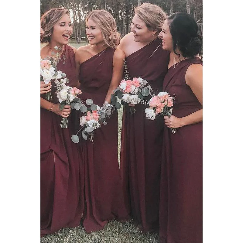 Affordable Trendy Fashion Limited - Edition Drops Unique Design Pretty Elegant Formal One Shoulder Burgundy Chiffon Long Bridesmaid Dresses, WG500