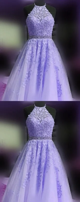 Shop Sales Fashion-Forward elegant lavender prom dresses 2021 lace halter ball gown beaded sashes   cg20510