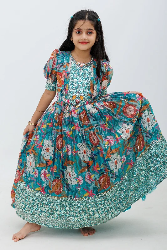 Spring Fashion Limited-Time Offer Sea Green Chinon Print Gown with Waist Embroidery