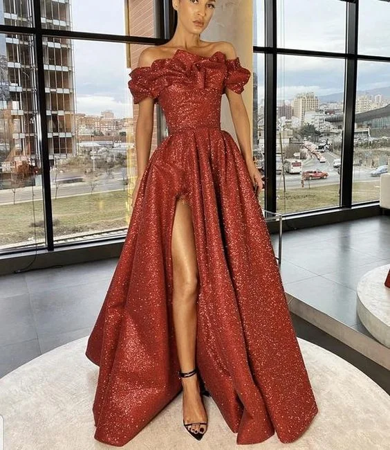 Hot Picks Elevate Your Wardrobe Long red off shoulder glittery dress with slit, women’s prom gowns    cg20413