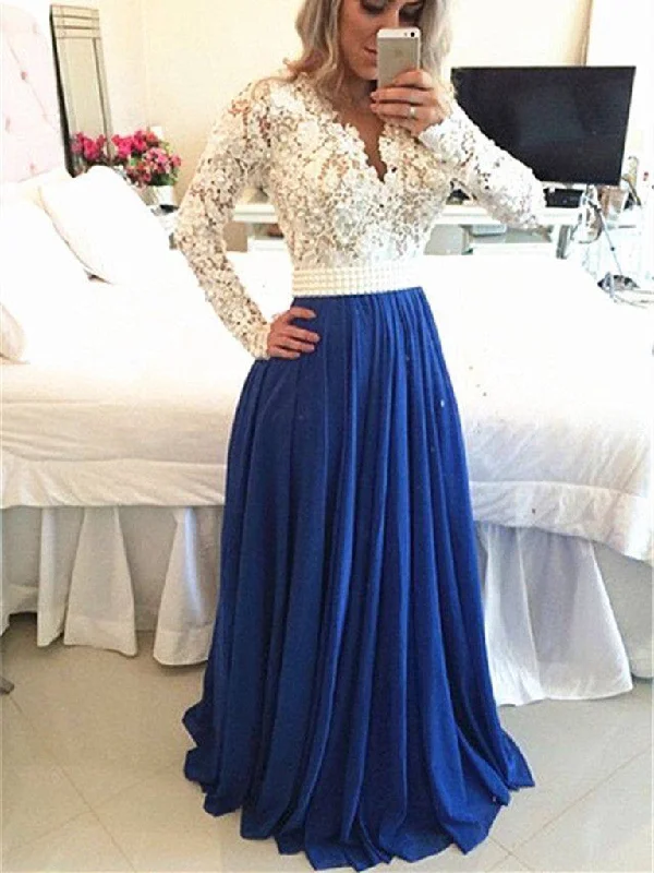 Contemporary Casual Deals Limited Time Deal Custom Made A Line Long Sleeves White and Blue Lace Prom Dresses, Lace Formal Dresses