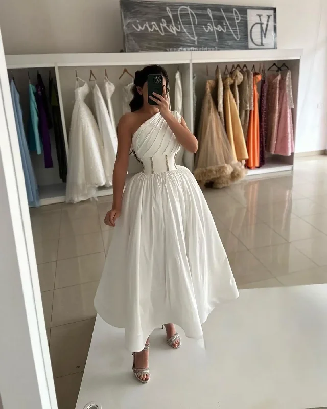 Massive Savings Grab Romantic Date - Night Styles Now Elegant One-Shoulder Evening Dress with Sequines A-Line Ruched Tea Length Satin Prom Dress High Quality