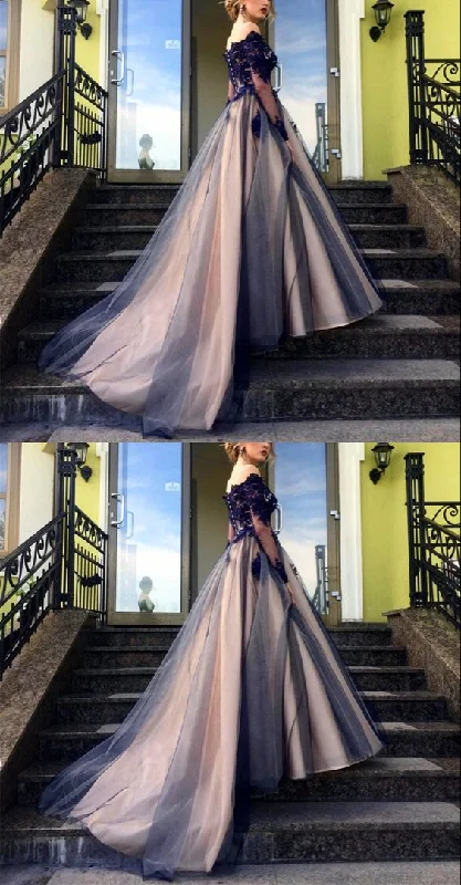 Summer Fashion Today Only Elegant navy and nude tulle ball gown prom dresses lace long sleeves off the shoulder for sweet 16   cg19862