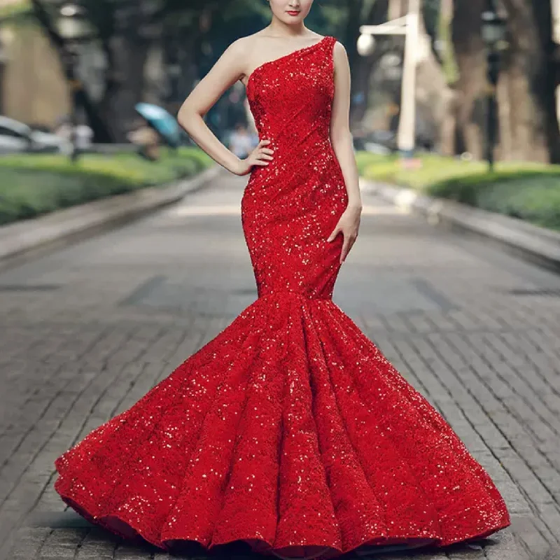 Limited-Time Offer Fashion Forward Women's Red Sequin Mermaid Prom Dresses with One Shoulder