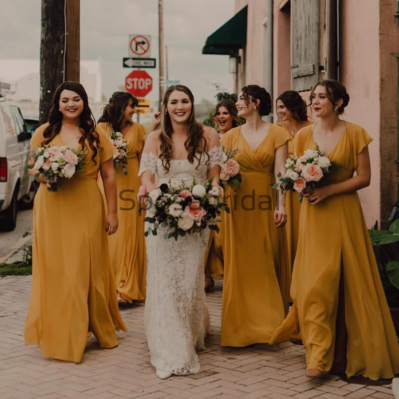 Style Revolution Discounts On Casual Weekend Styles Yellow Cap Sleeves V-Neck Simple Unique Popular Bridesmaid Dresses WG677