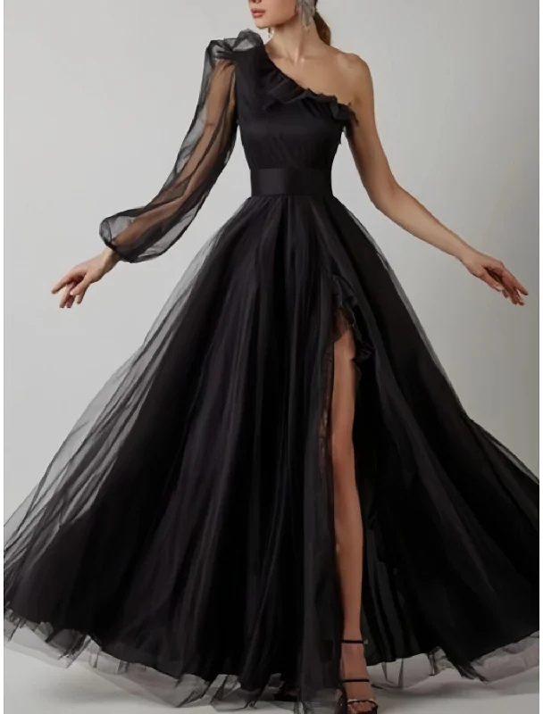 Budget-Friendly Fashion Mother'S Day Special Sheath Prom Dress Elegant Black Dress Plus Size Evening Birthday Floor Length Long Sleeve One Shoulder Tulle with Pleats Ruffles