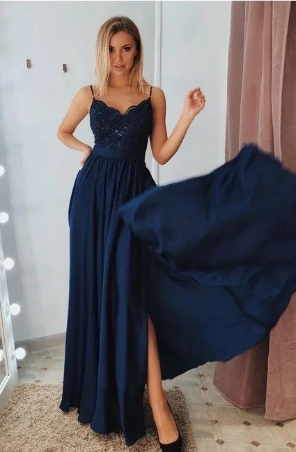 Limited Stock Wardrobe Update Navy Prom Dress with Slit, Evening Dress ,Winter Formal Dress, Pageant Dance Dresses, Graduation School Party Gown  cg7520