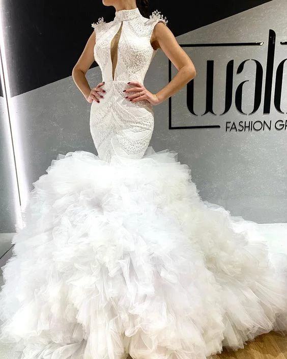 Unbeatable Deals Stylish Savings white evening dresses long high neck tiered beaded mermaid modest elegant evening gown Prom Dresses    cg20243