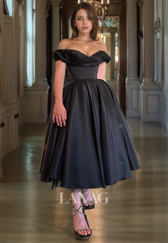 Seasonal Picks Spring Fashion A-Line Off Shoulder Pleated Sleek Satin Party Prom Formal Evening Dress