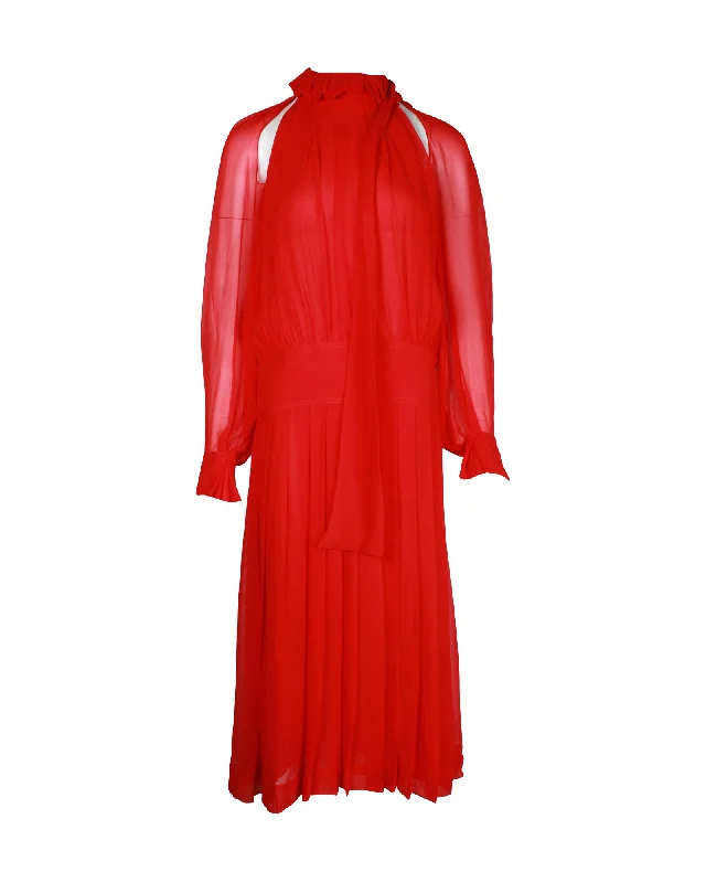 Low Price Special Now On Sale For Chic Urban Styles Victoria Beckham Sheer Sleeve Midi Dress in Red Silk