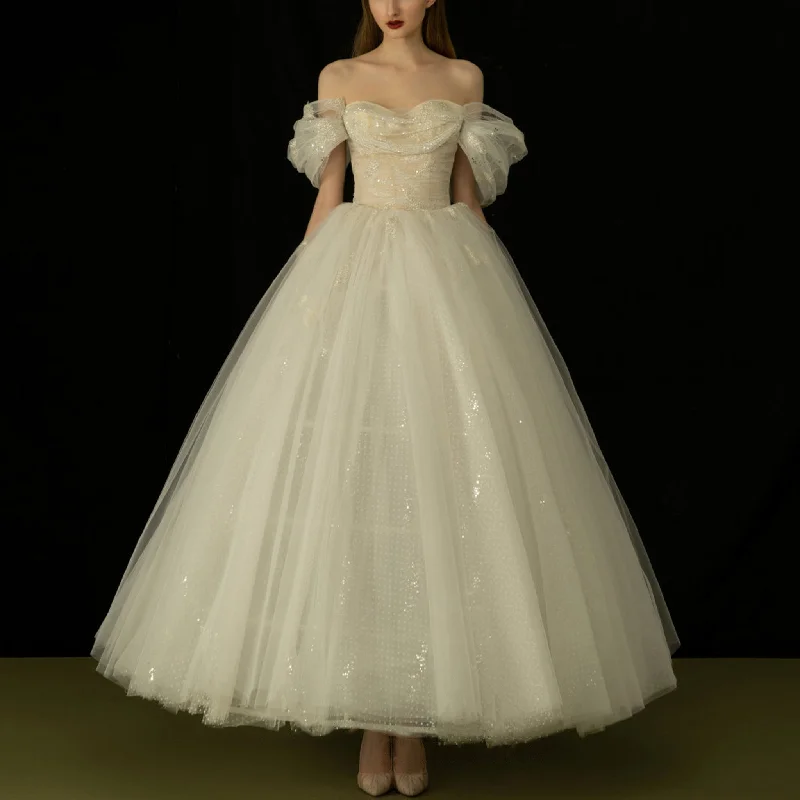 Comfortable Chic Holiday Sale Tea Length A-line Tulle Wedding Dress with Off the Shoulder