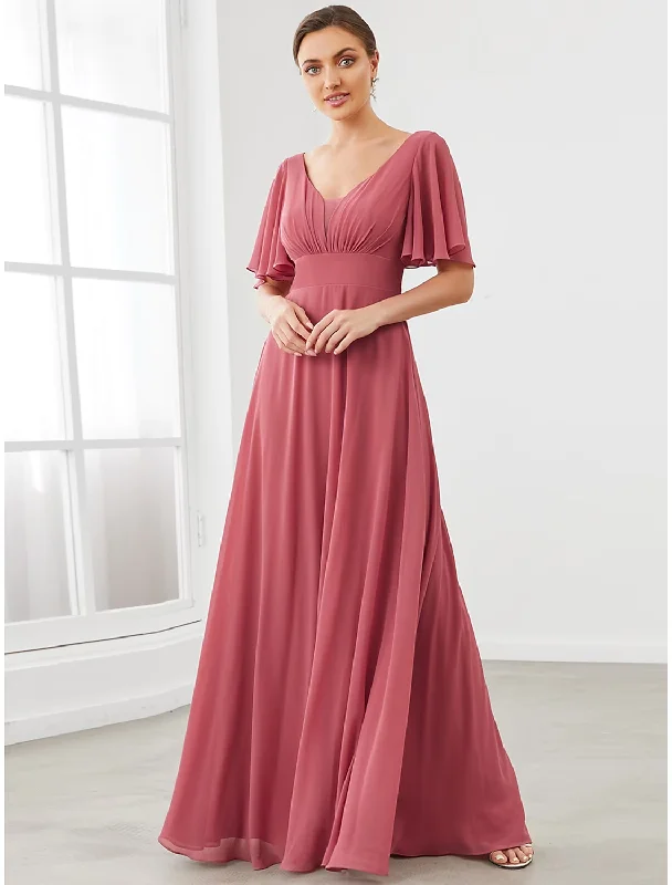 Classic Chic Deals Fashion Sale A-Line Bridesmaid Dress V Neck Short Sleeve Plus Size Floor Length Chiffon with Pleats / Draping / Solid Color