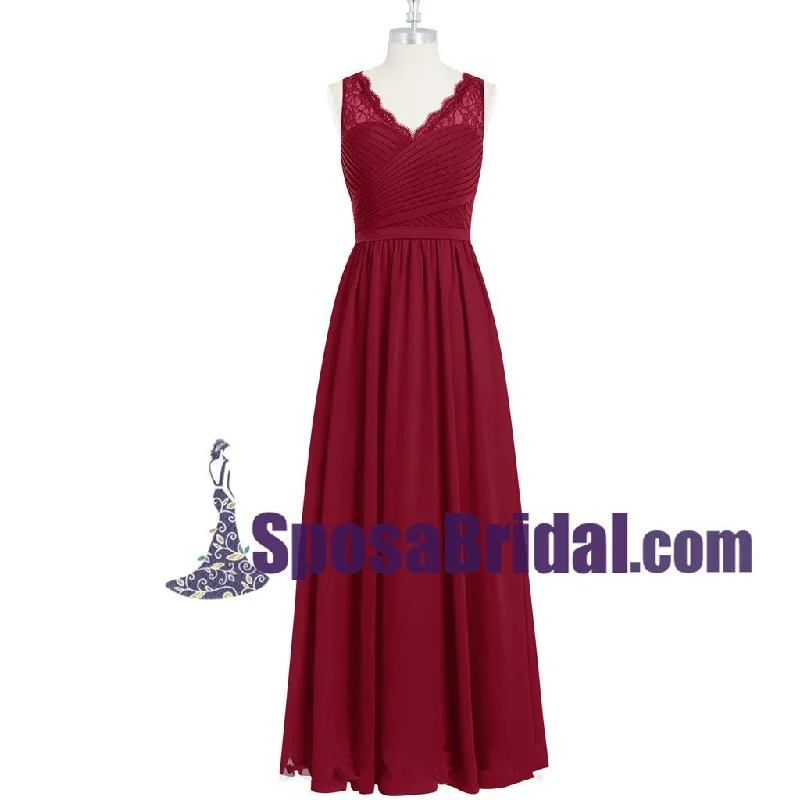 Exclusive Discounts Grab Romantic Date - Night Styles Now Burgundy Long Chiffon Floor-length Cheap Popular V Neck Bridesmaid Dresses, Wedding Party Dresses , WG236