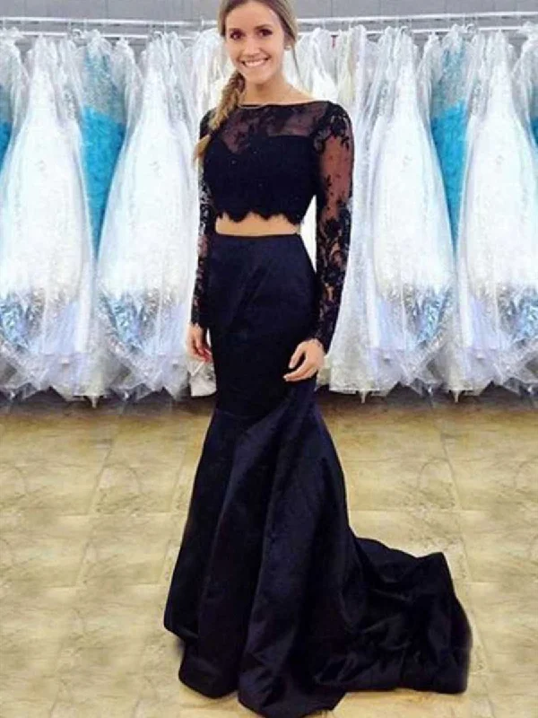 Popular Collection Elegant Style Long Sleeves Mermaid Scoop Neck Two Pieces Lace Black Prom Dresses, Long Sleeves Black Formal Dresses, Black Two Pieces Lace Evening Dresses