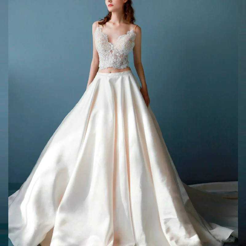 Casual Fashion Save On Classic Elegant Styles A-line Two Pieces Lace Top Wedding Dresses With Pockets