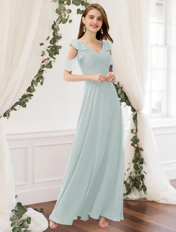 Modern Chic Discounts Huge Savings On Parisian Styles A-Line Bridesmaid Dress V Neck Sleeveless Elegant Floor Length Chiffon with Pleats  Ruffles