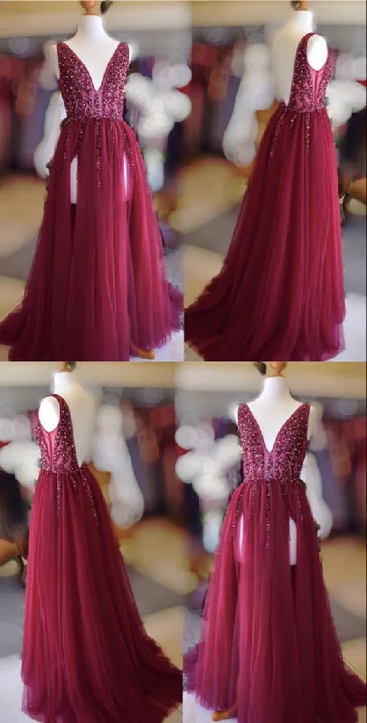 Trendy Women'S Wear Collection Style Upgrade Long burgundy tulle double split formal prom dresses sequins beaded v neck evening gown   cg20124