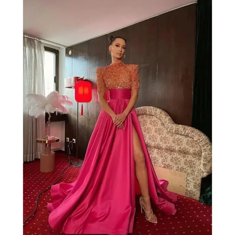 Seasonal Clearance Summer Splash Sale Satin Sequins Glitter Prom Dress with Slit High-Neck Ball Dress A Line Formal Evening Party Gown for Women Robe De Soirée