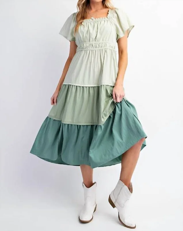 Exclusive Designer Style Deals Trend Alert Three Tier Ruffle Poplin Midi Dress In Sage