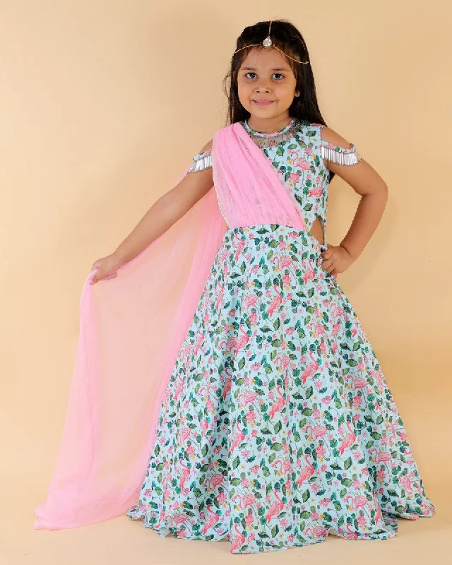 Fashion-Forward Season Sale Pre-Order: Printed Gown with Pink Drape Dupatta