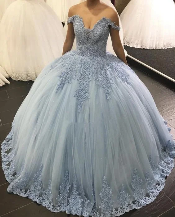 Fashion Forward Exclusive Sale Blue Tulle Appliques Quinceanera Dress Off Shoulder Ball Gown Prom Dresses    cg11474