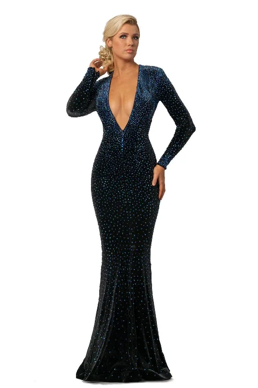 Trendy Styles Flash Deals Johnathan Kayne - 2045 Embellished Long Sleeve V-neck Trumpet Dress