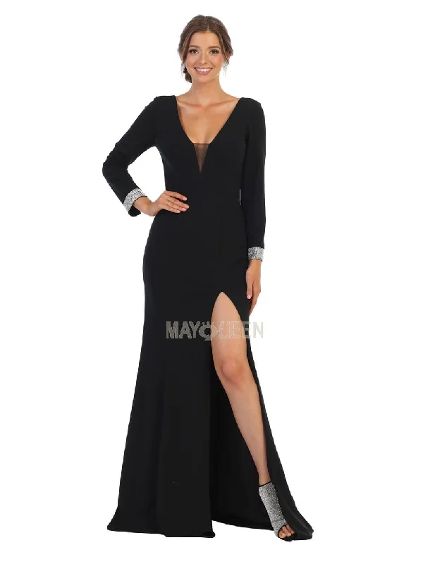 Stylish Savings Limited Time Deal May Queen - MQ1761 Plunging V-Neck Long Sleeves Dress with Slit