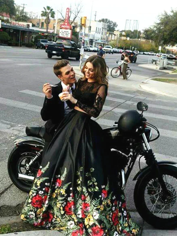 Ends Soon Pastel Styles Custom Made 2 Pieces Open Back Long Sleeves Black Lace Prom Dress, 2 Pieces Black Lace Formal Dress